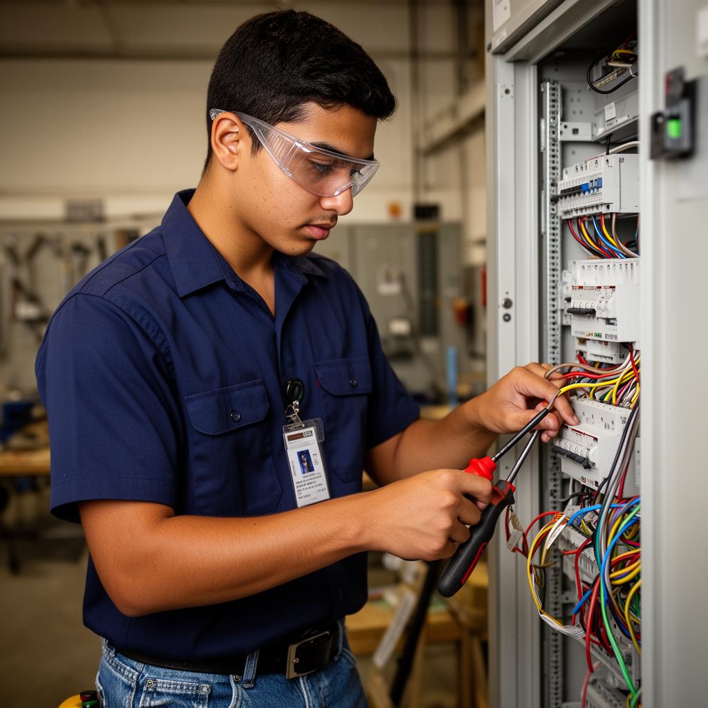 Electrical student wiring an electrical panel