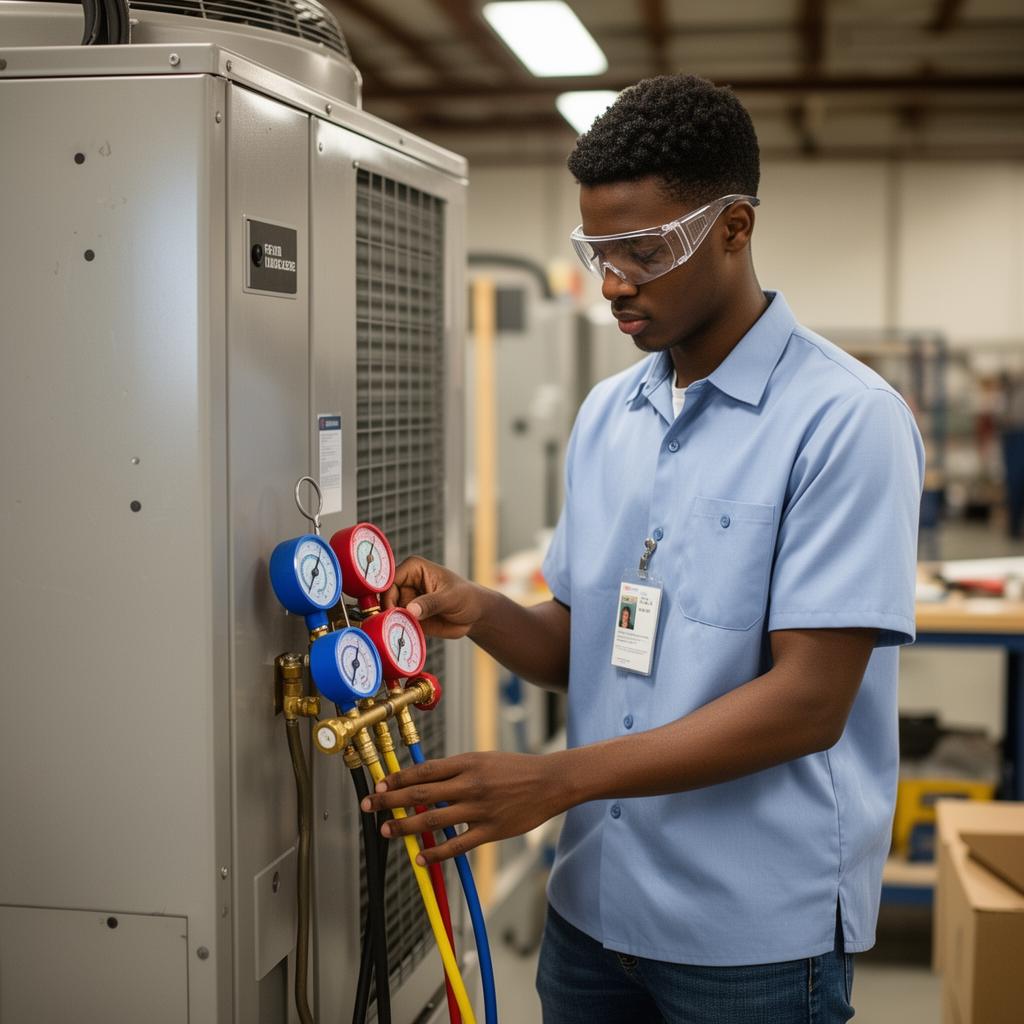HVAC student working with refrigerant gauges