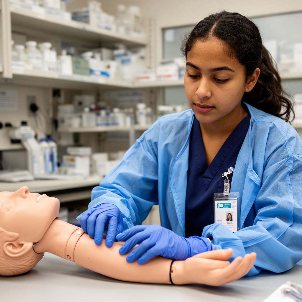 Phlebotomy student practicing blood collection
