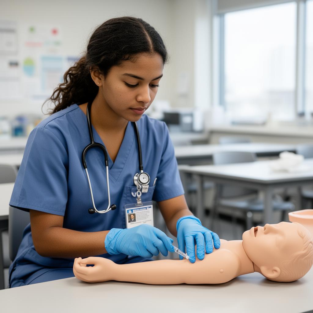 Medical assistant student taking patient blood pressure