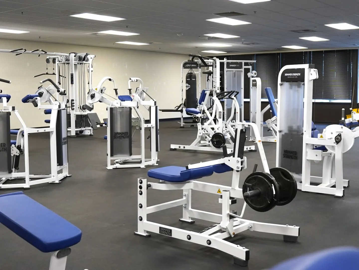 Hammer Strength selectorized machines and benches inside NCE's Citrus Heights fitness training facility