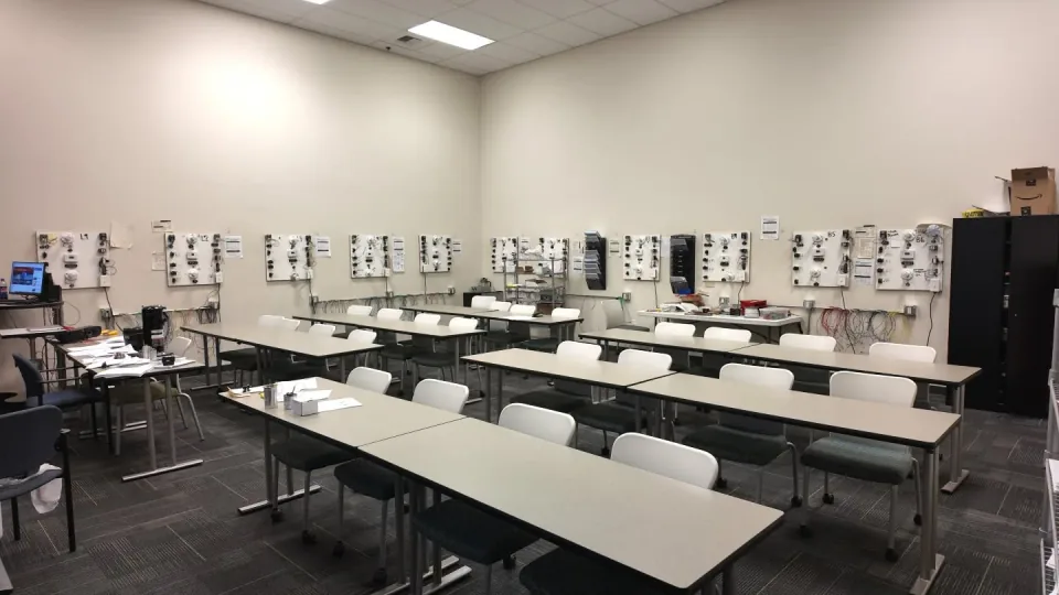 Electrical classroom with hands-on training stations at National Career Education's Citrus Heights campus