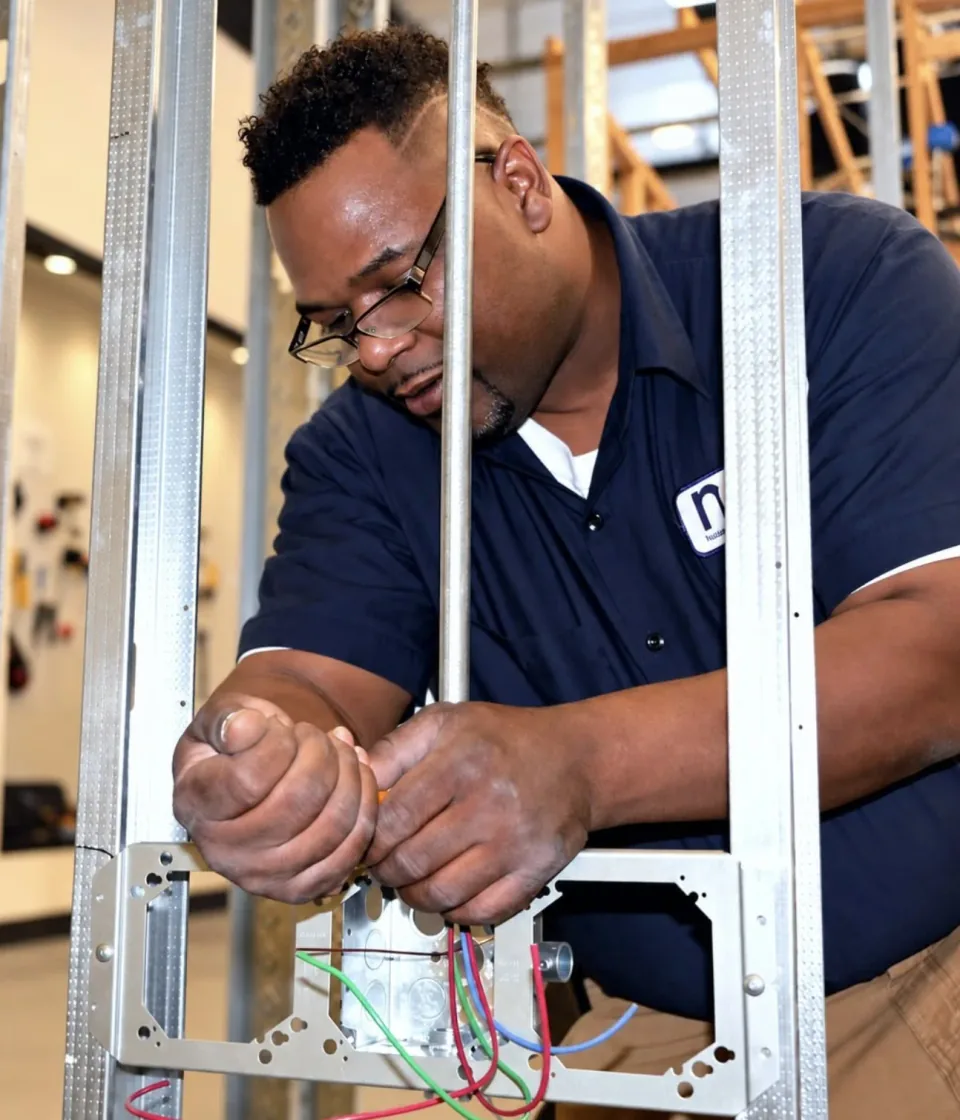 NCE electrician student wiring an outlet box on a metal stud wall